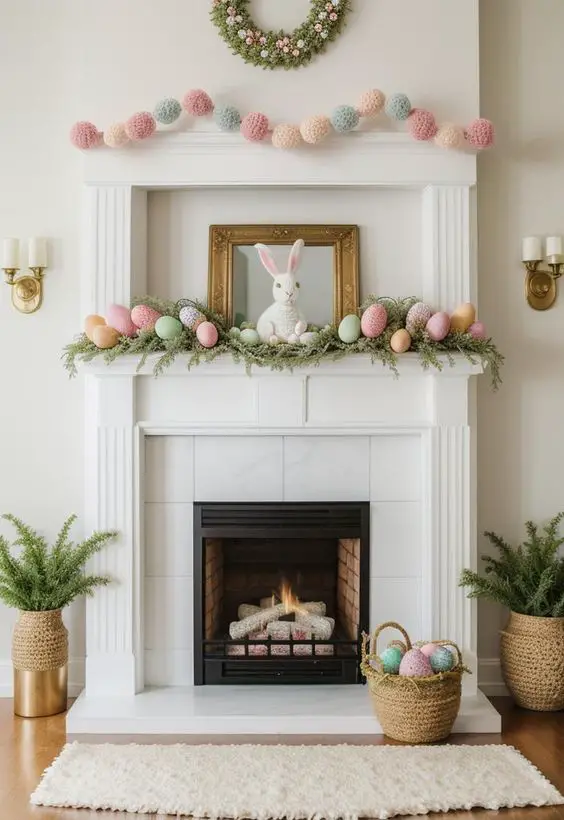 White fireplace mantel with Easter eggs and pastel decorations