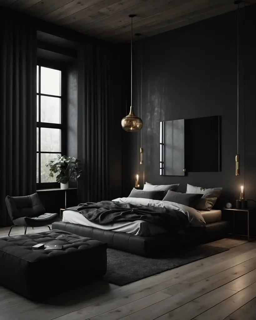 Black leather bedroom with pendant lights and tufted ottoman