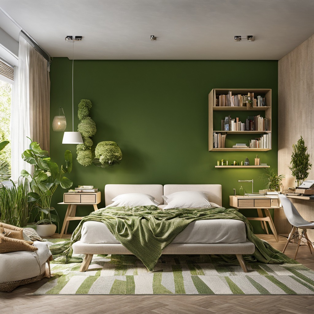 Scandinavian style bedroom with green accent wall and moss installation