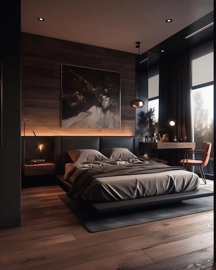 Modern bedroom with wooden walls dark furniture and abstract artwork