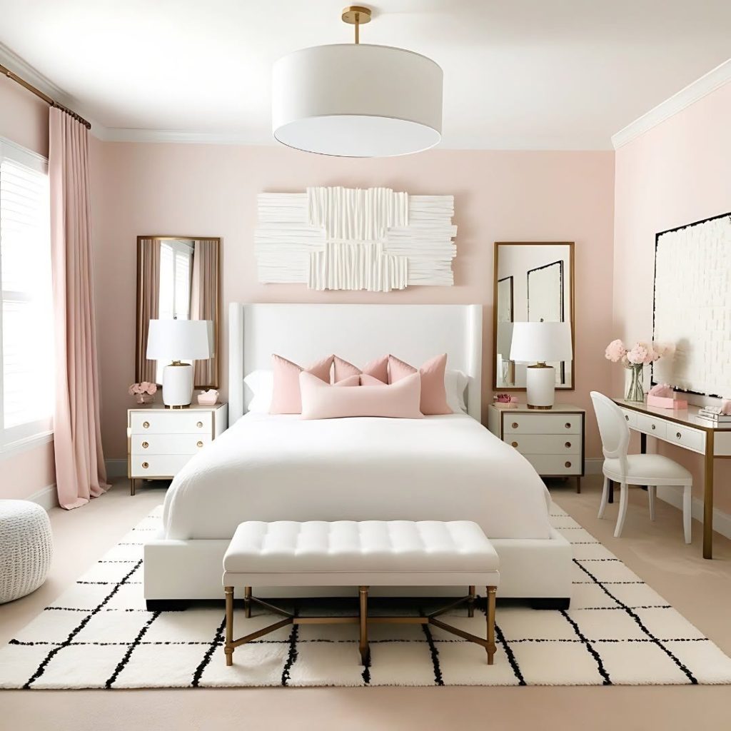 Modern bedroom with wooden wall pink bedding and copper accents