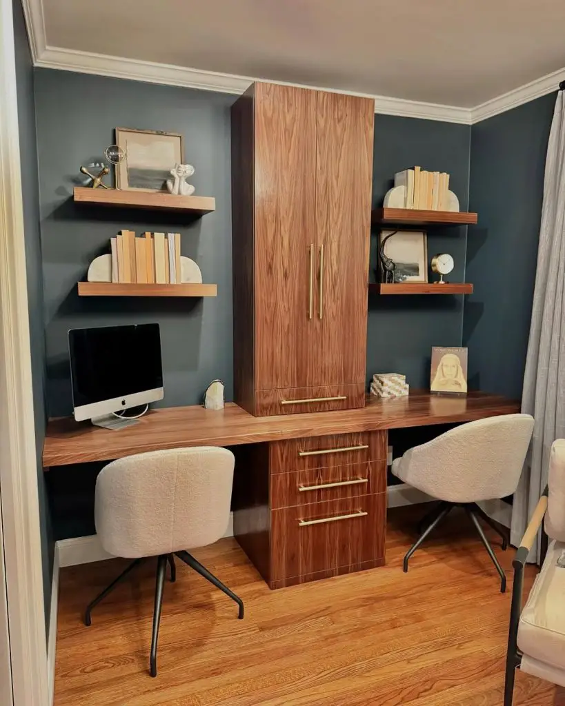 Light wood office with leaf prints and gray chair