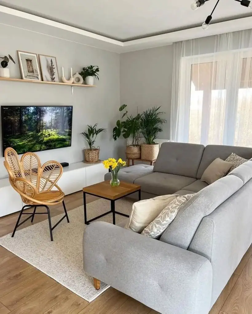 Minimalist living room with gray sectional and rattan accent chair