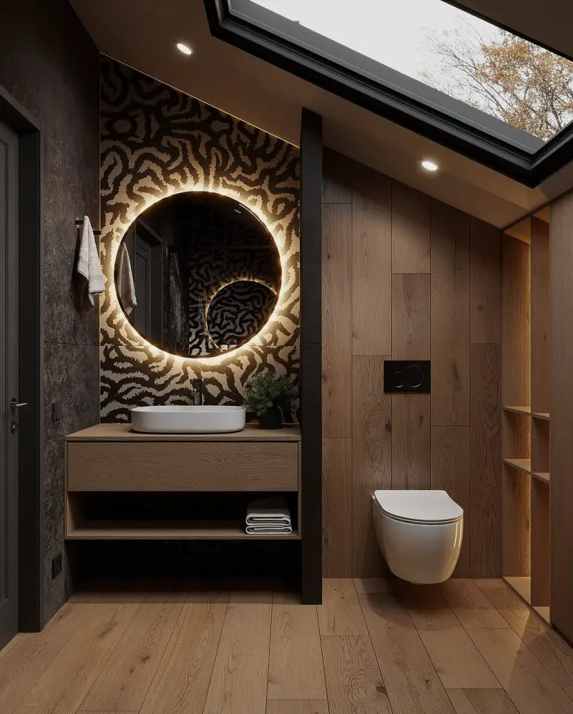 Modern bathroom with patterned walls backlit mirror wooden vanity and skylight