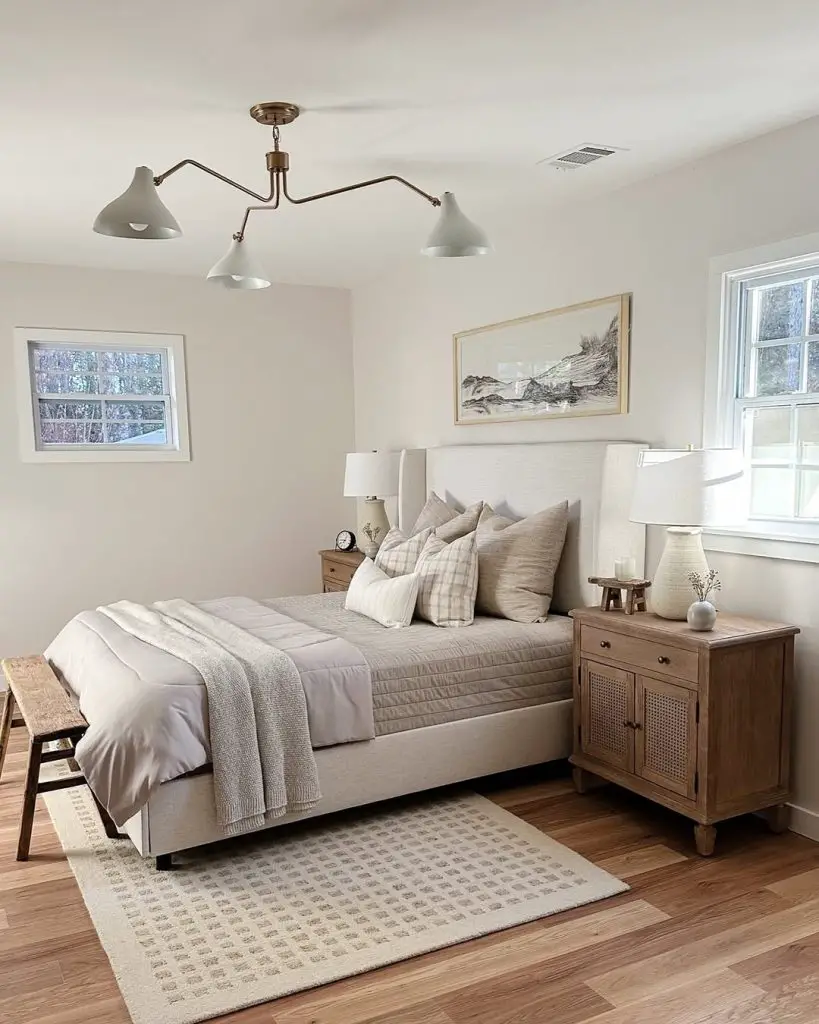 Sophisticated neutral bedroom with modern lighting and mountain artwork
