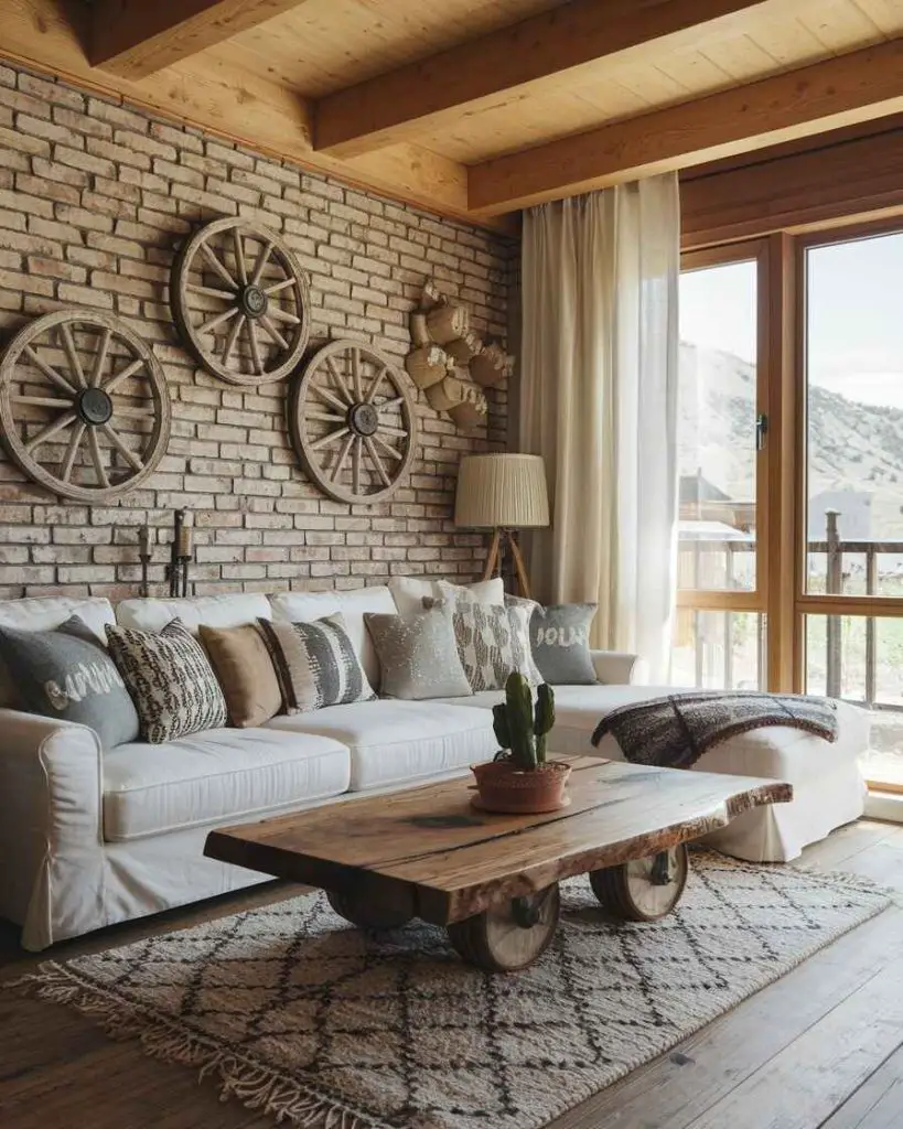 Living room with wagon wheel decor and white sectional sofa
