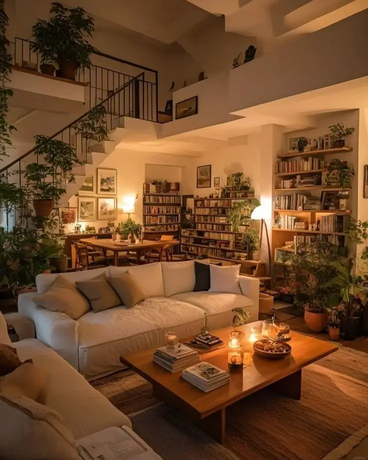 Double height living room with extensive bookshelves and indoor plants