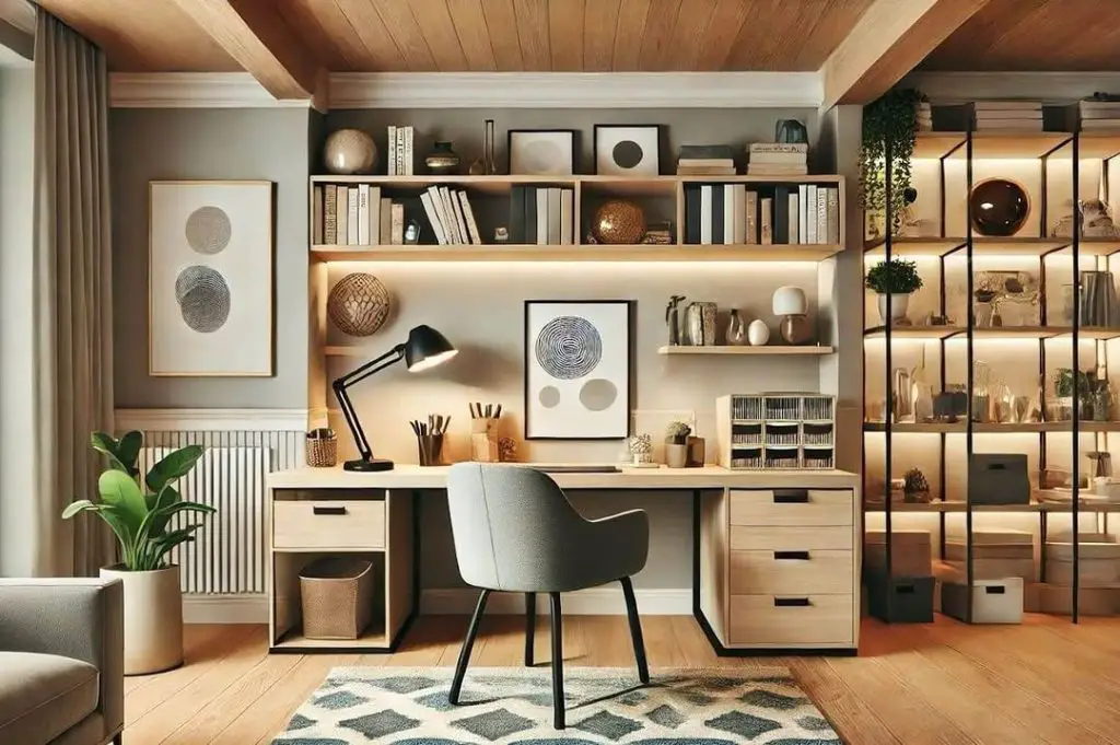 Wooden built in desk with cream chairs and shelving