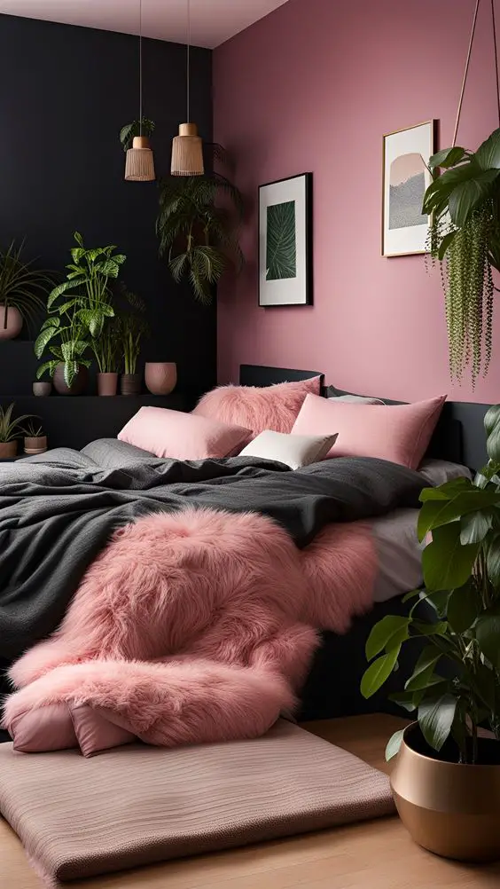 Modern bedroom with pink black walls hanging plants and natural textures