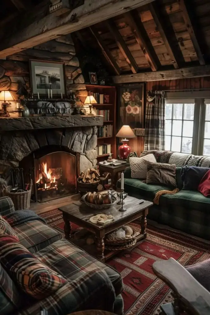 Rustic cabin living room with stone fireplace and plaid furniture