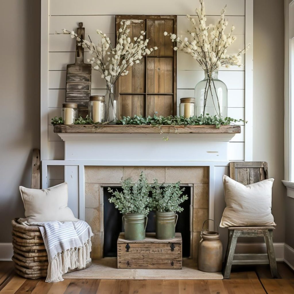 White farmhouse mantel with rustic elements and spring greenery