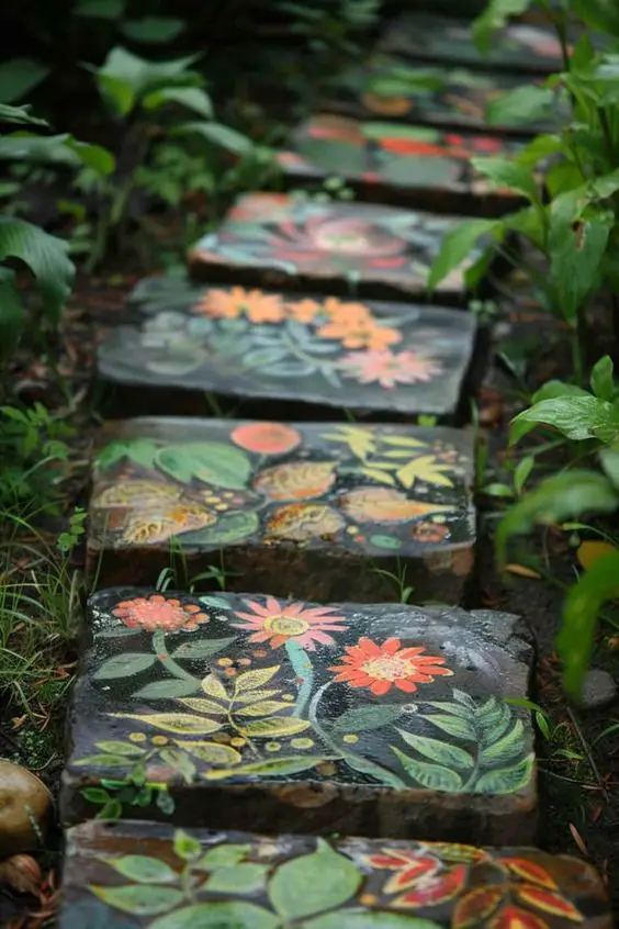 Painted stepping stones with colorful floral designs amid garden greenery