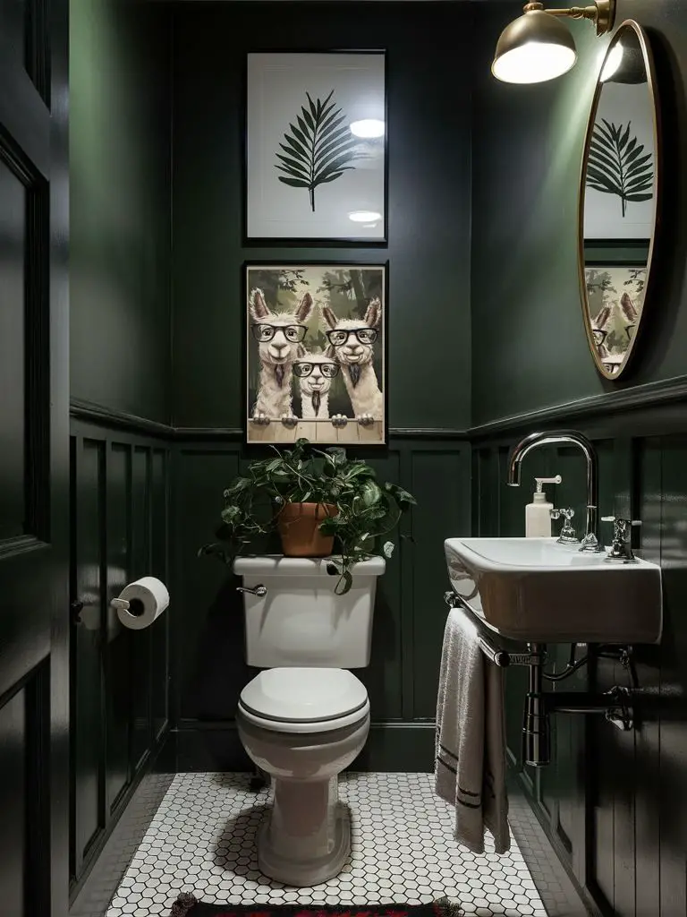 Dark green powder room with llama art white sink and geometric floor tiles