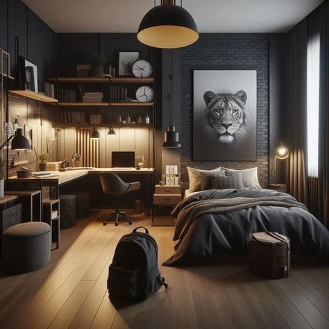 Modern black bedroom with wooden desk and tiger artwork