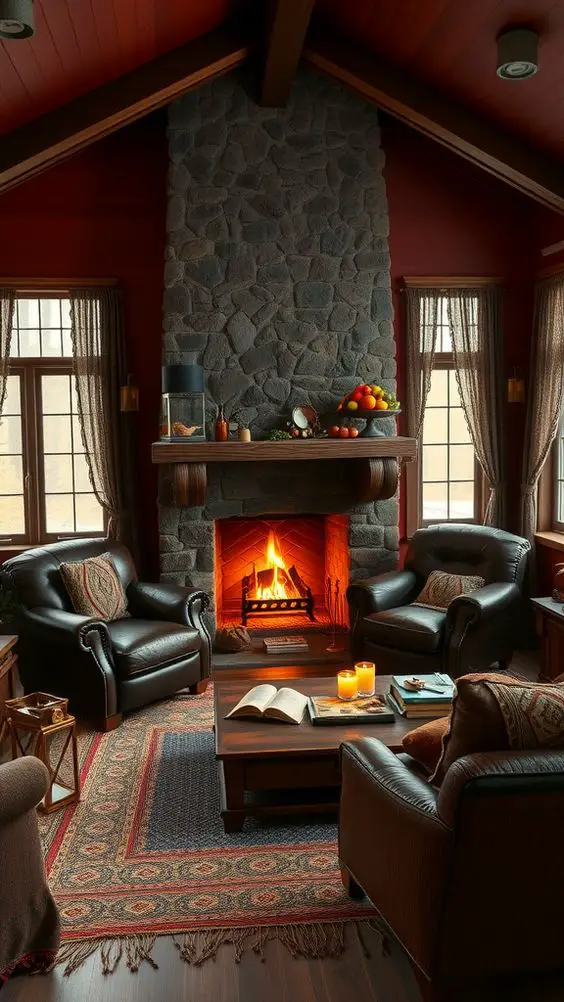 Dark rustic living room with stone fireplace and leather chairs