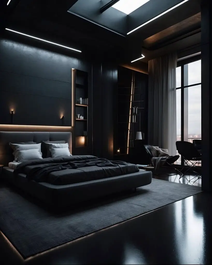 Modern black bedroom with skylight and linear lighting features