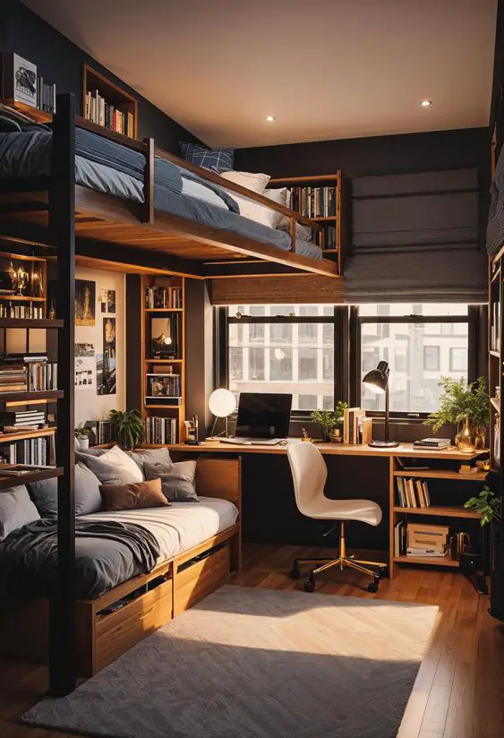 Loft bed above wooden desk with built in storage and window