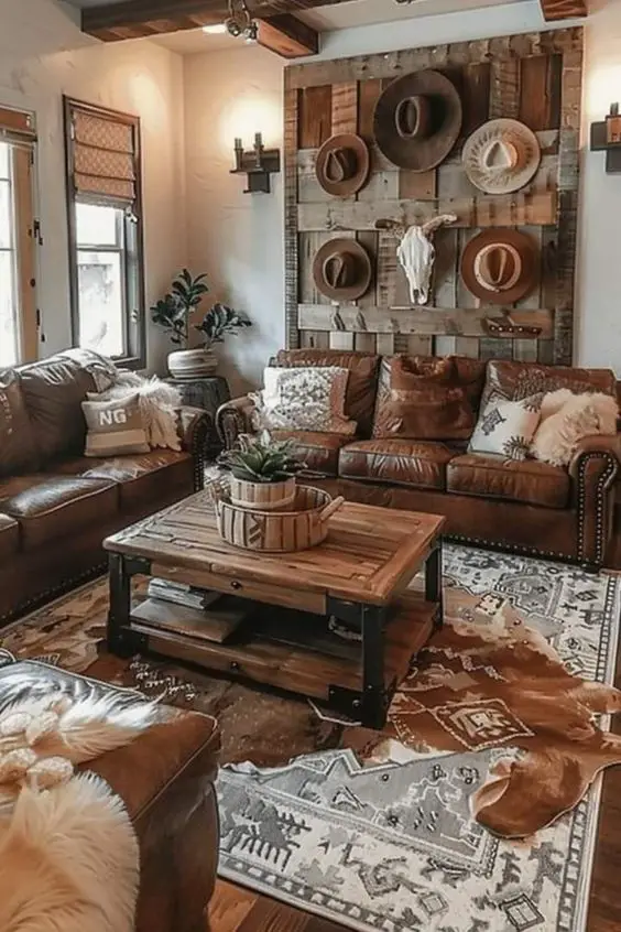 Western style living room with hat display wall leather sectional and cowhide rug