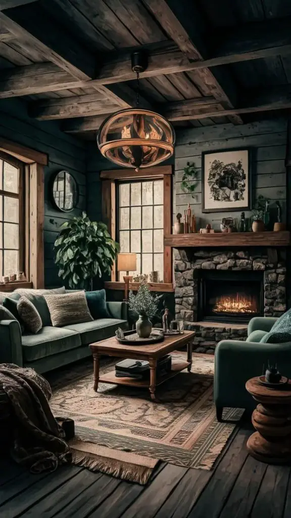 Dark teal living room with stone fireplace and velvet furniture