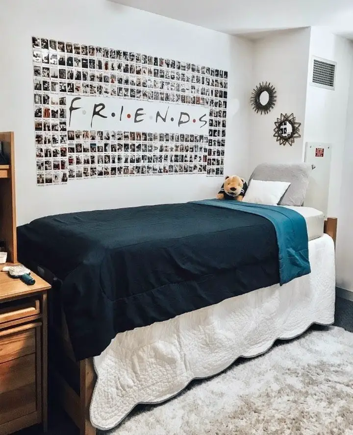 Modern dorm room with cityscape wall art LED lighting and geometric bedding