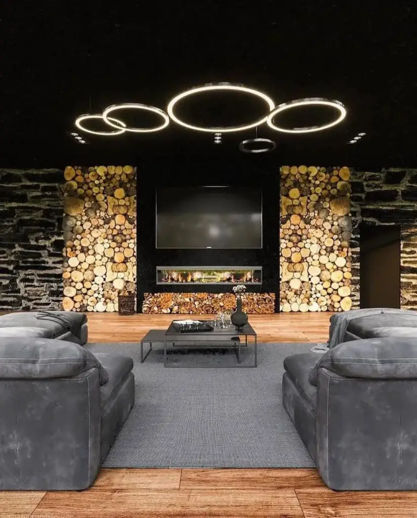 Modern dark living room with wood accent walls and circular lights
