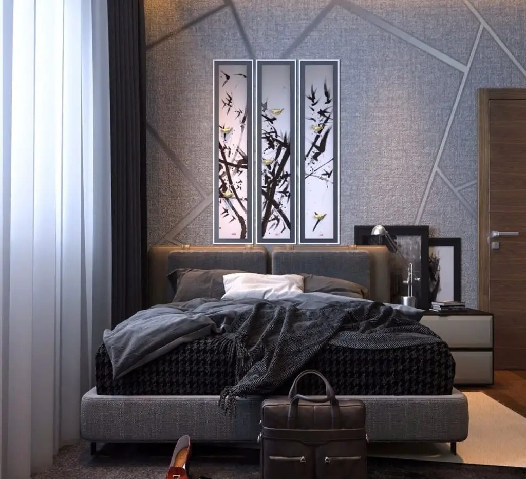 Green themed bedroom with illuminated shelving displaying LEGO castles and hanging daybed