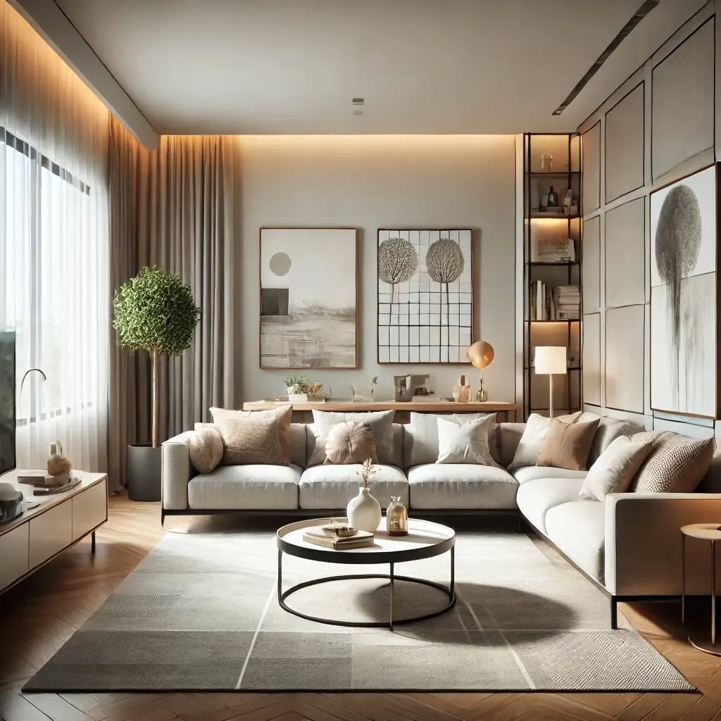 Modern attic living room with sloped ceiling glass doors and gray sectional sofa