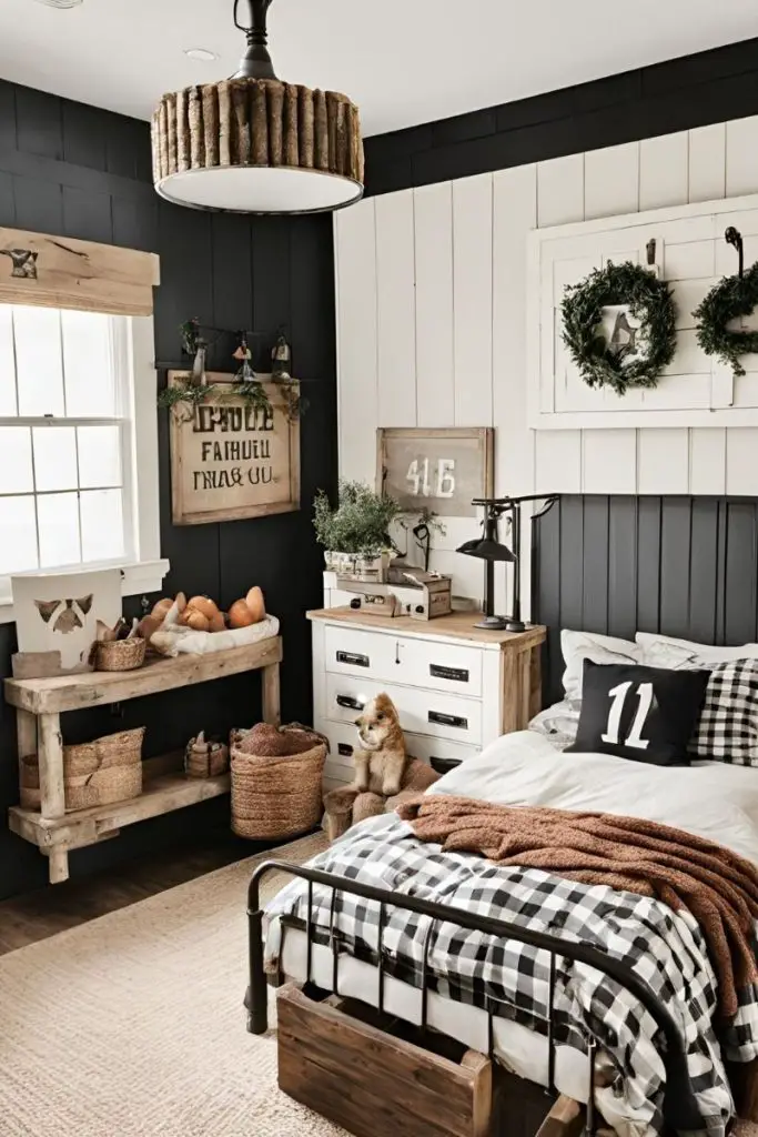 Farmhouse bedroom with black accent wall and buffalo check bedding
