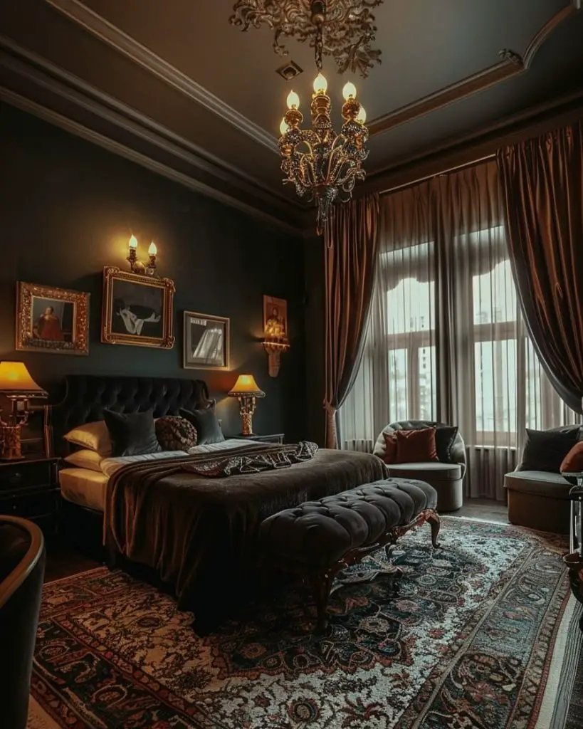 Navy blue bedroom with crystal chandelier and tufted velvet bed frame