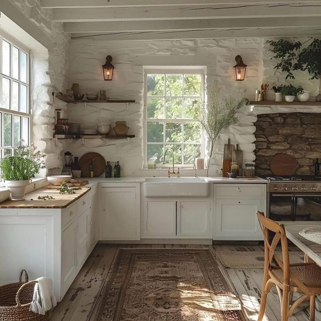 Modern French country kitchen with rattan barstools and marble countertops