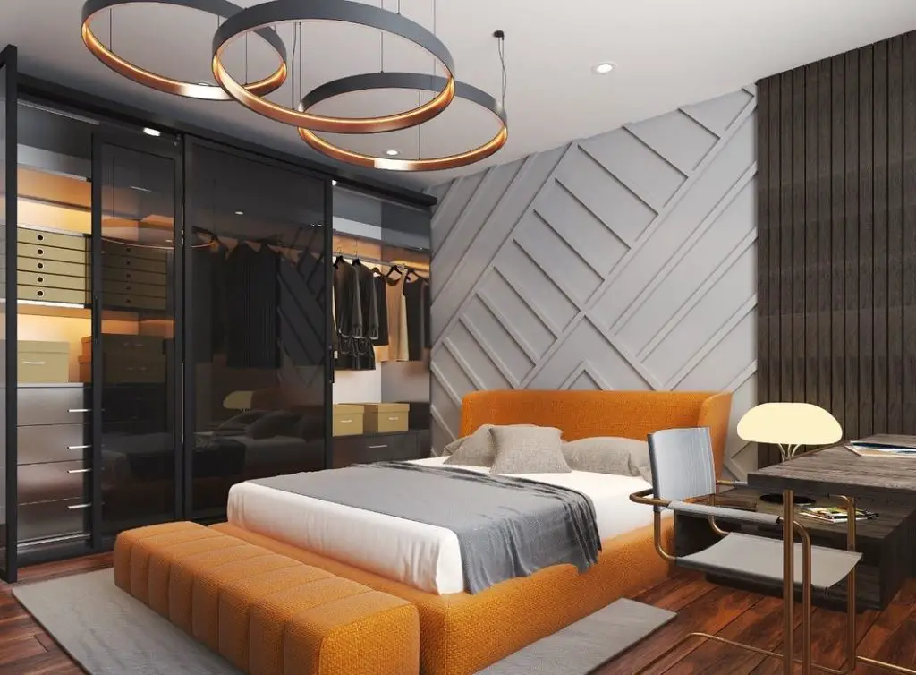 Modern bedroom with city skyline wall art and geometric patterns