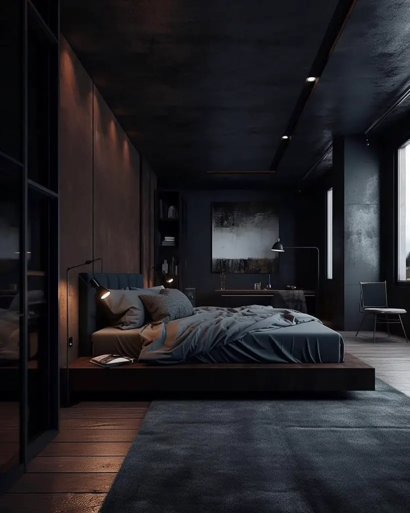 Dark bedroom with floating bed warm lighting and gray bedding