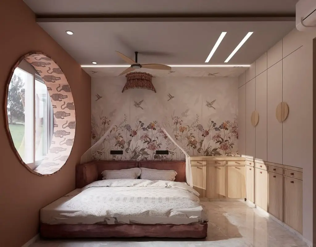 Kids bedroom with safari themed wallpaper and canvas tent decor