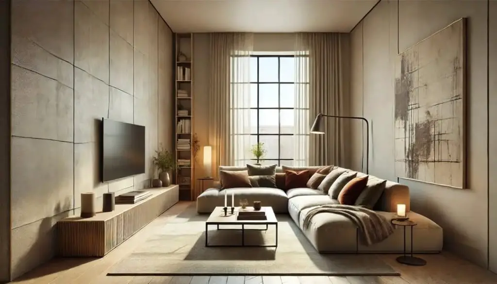 Minimalist living room with white sofa knot pillow and geometric pendant light