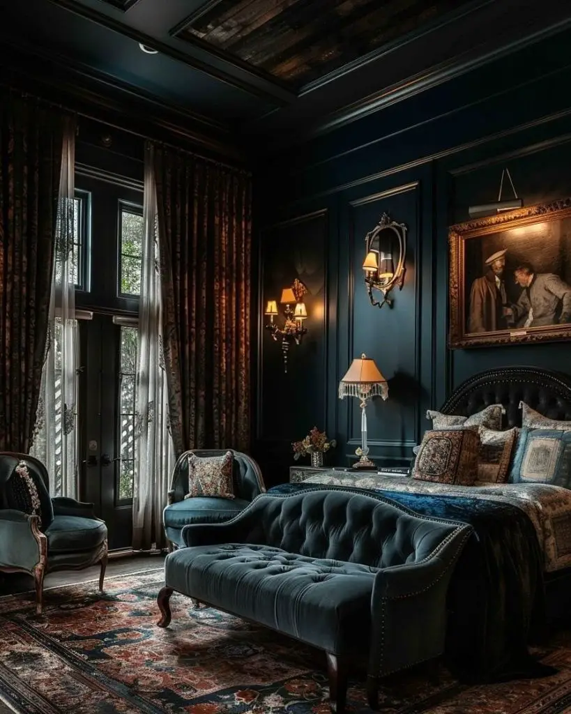 Green bedroom with brown leather headboard and ornate gold frames