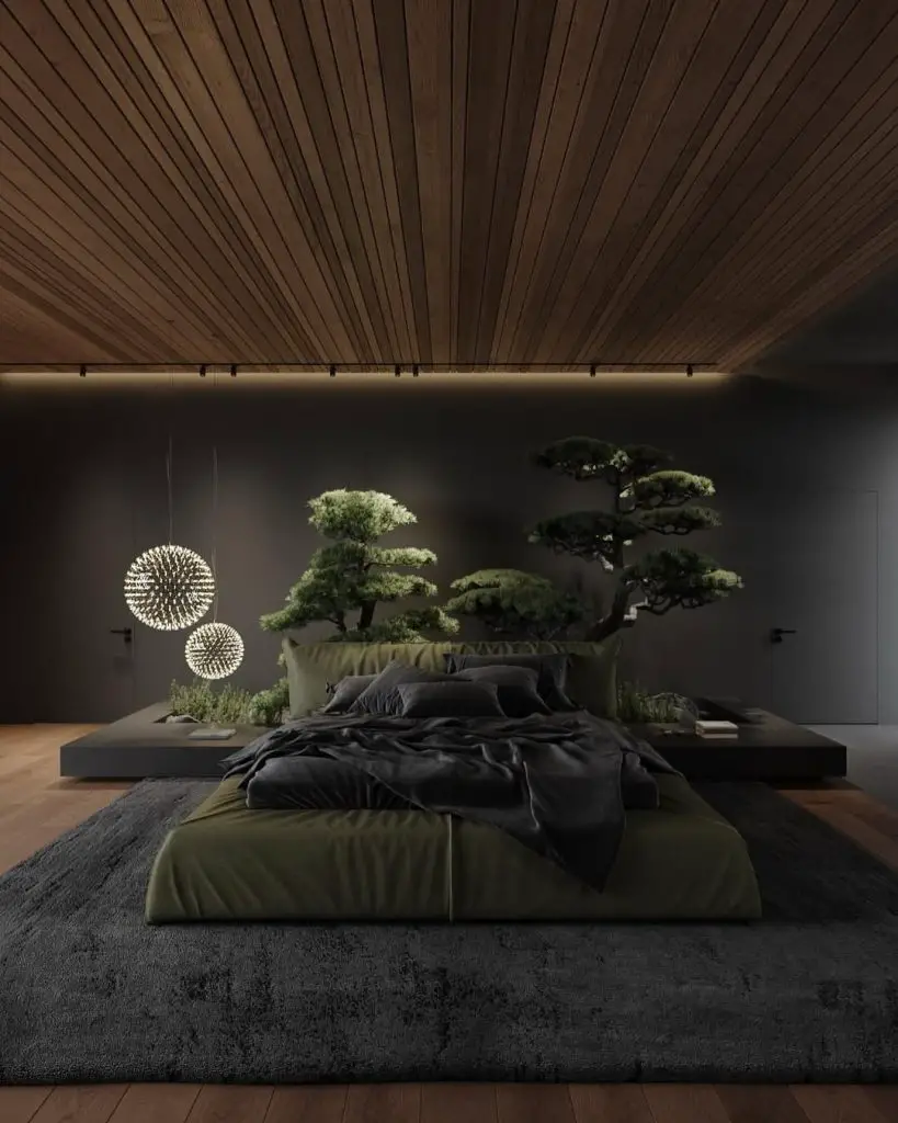 Dark bedroom with bonsai trees and floating orb lights