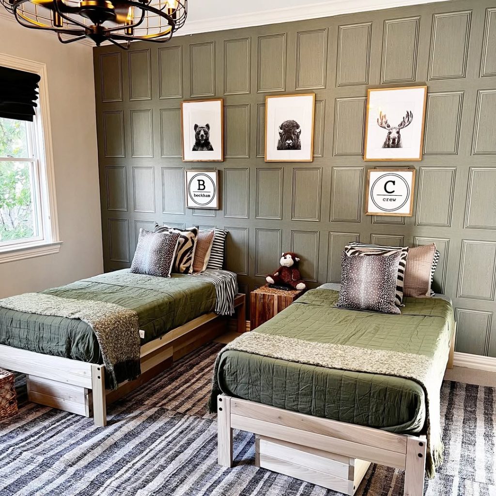 Modern dorm room with elevated bed white furniture and vintage decor