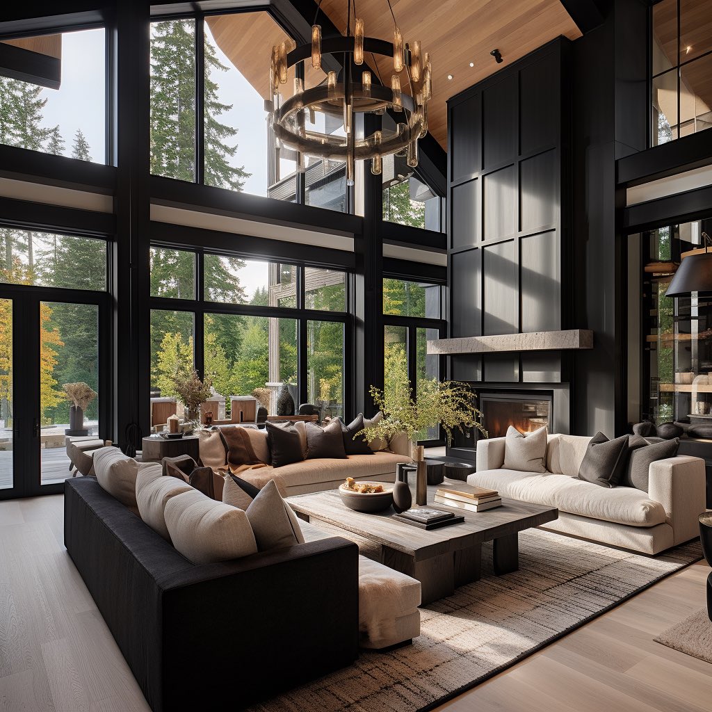 Luxury living room with floor to ceiling windows and modern chandelier