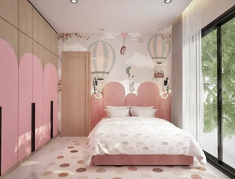 Girls bedroom with hot air balloon murals and pink arch panels