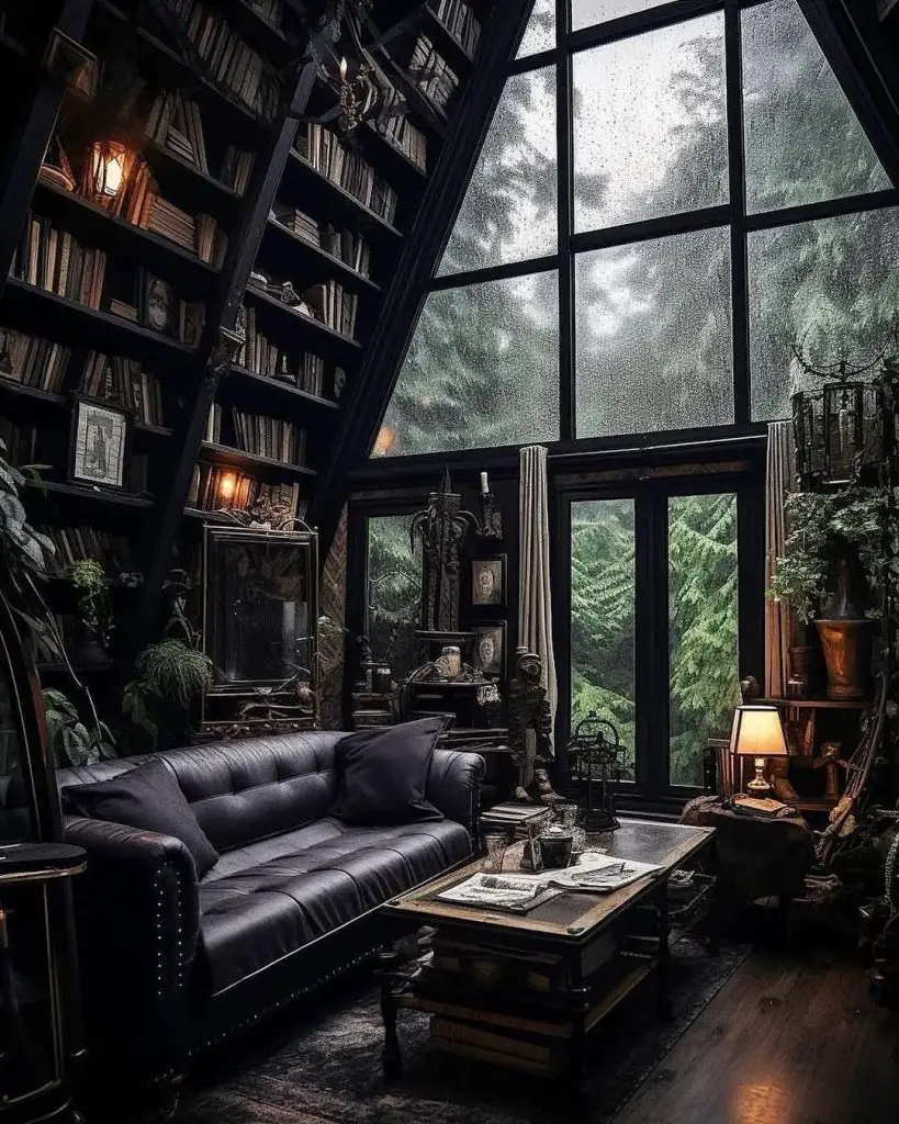Modern black living room with glass ball lights and sectional sofa