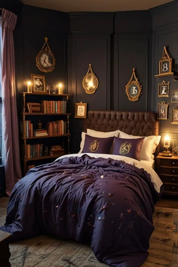 Dark academia bedroom with golden frames and purple bedding