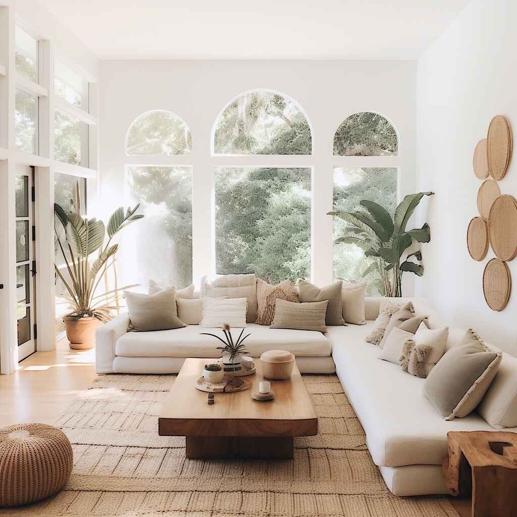 Bright living room with arched windows white sectional sofa and natural decor elements