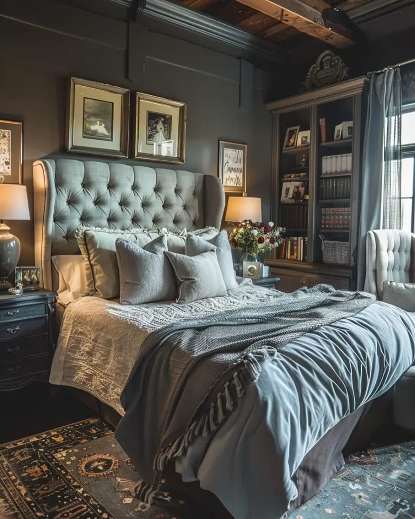 Black bedroom with coral bedding and vintage inspired decor elements