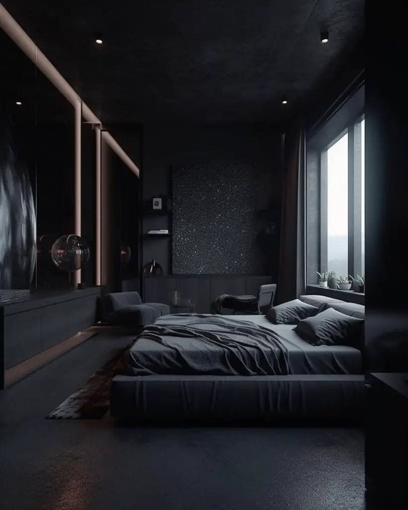 Contemporary bedroom with black walls metal pillars and window seating