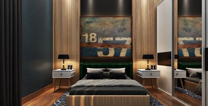 Contemporary bedroom with brick wall and sunset artwork