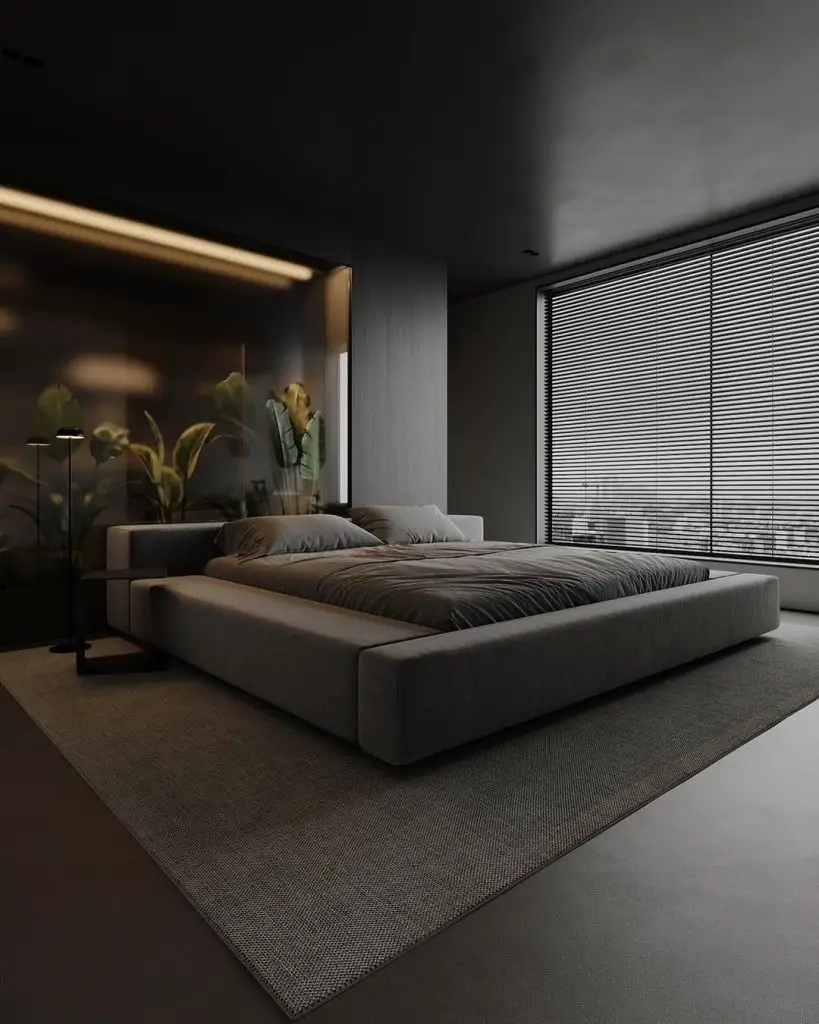 Modern grey bedroom with glass plant partition and ambient lighting
