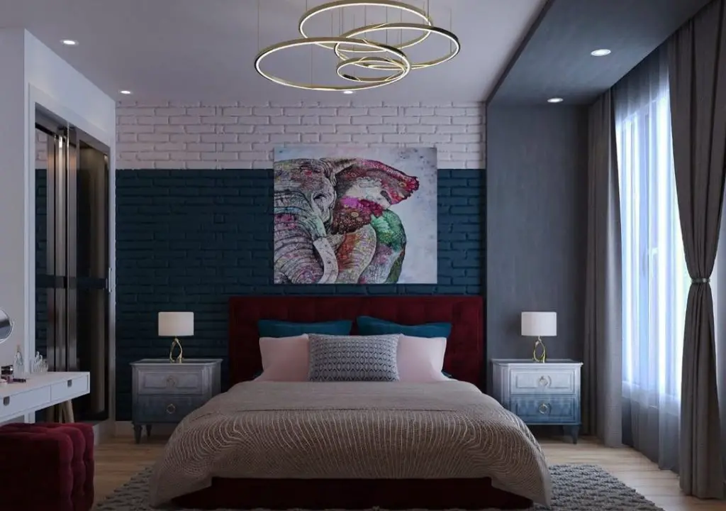 Teen bedroom with built in desk and basketball themed decor