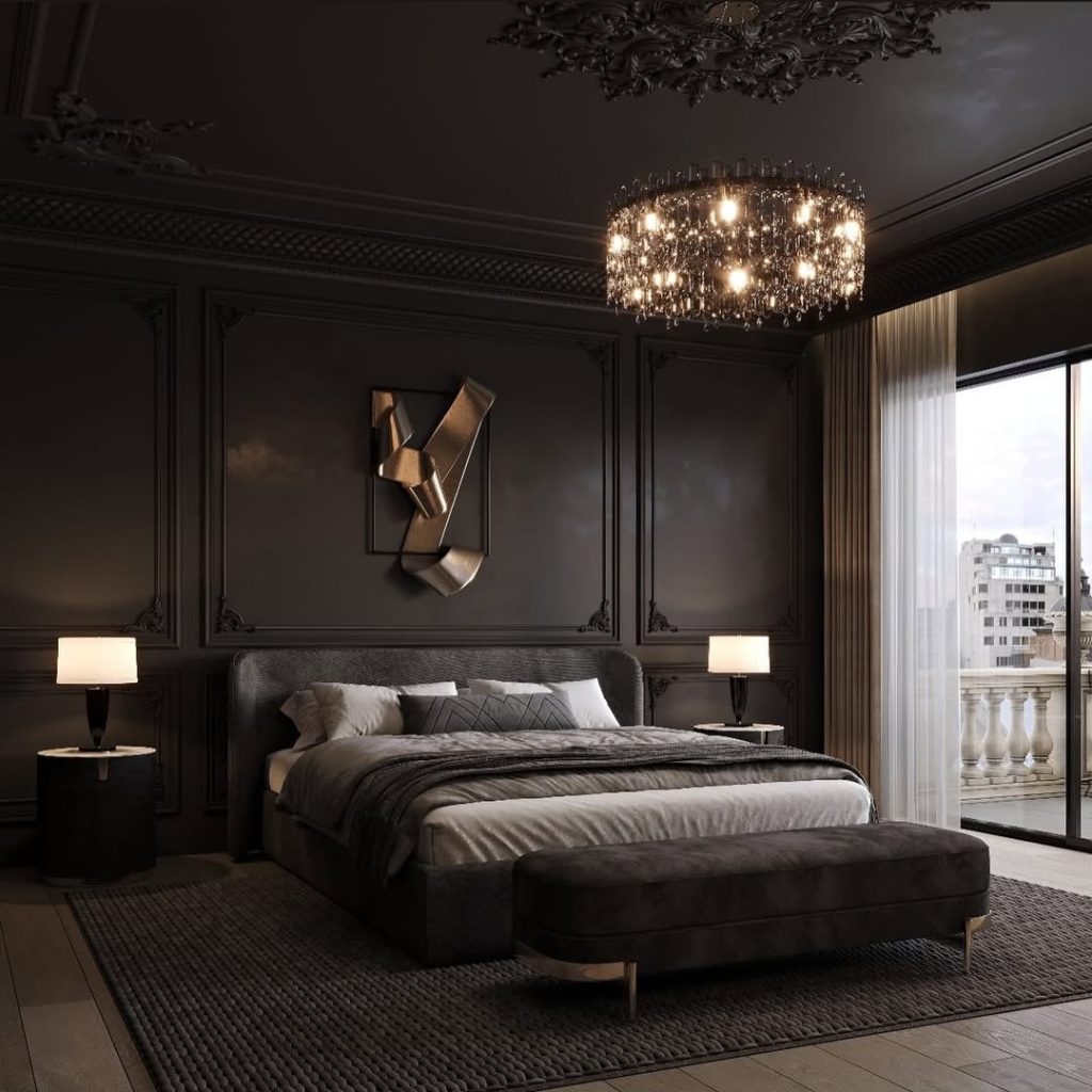 Dark bedroom with crystal chandelier and classic wall moldings