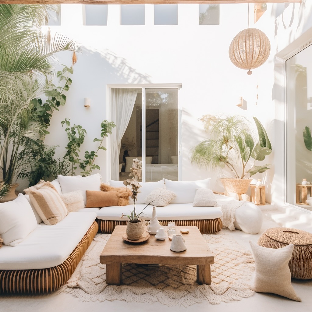 White sunroom with natural decor elements wooden sofa and tropical plants