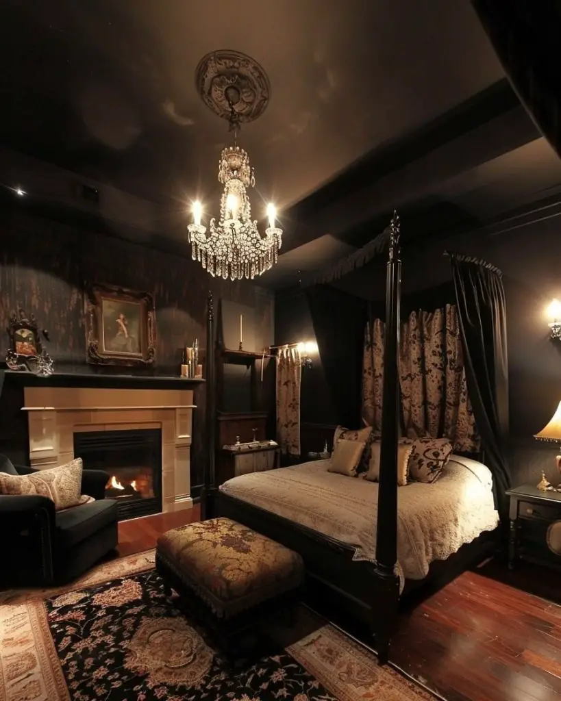 Navy bedroom with floral wallpaper and tufted velvet headboard
